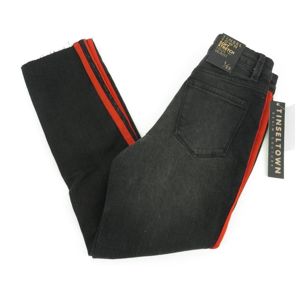Tinseltown Juniors Destressed Red Side Stripe High-Waist Jeans Size 1 NWT